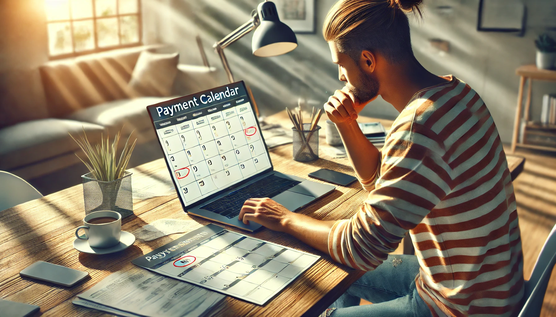 DALL·E 2024 08 12 13.23.57 A realistic image of a person sitting at a desk in a modern office or home setting organizing a payment calendar. The person is focused on a laptop o - Actualidad